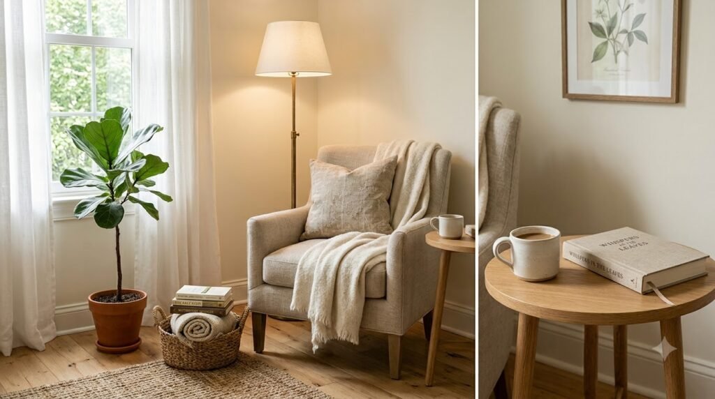 Cozy reading nook with an accent chair, soft throw blanket, floor lamp, books and a small side table in a bright neutral living space.