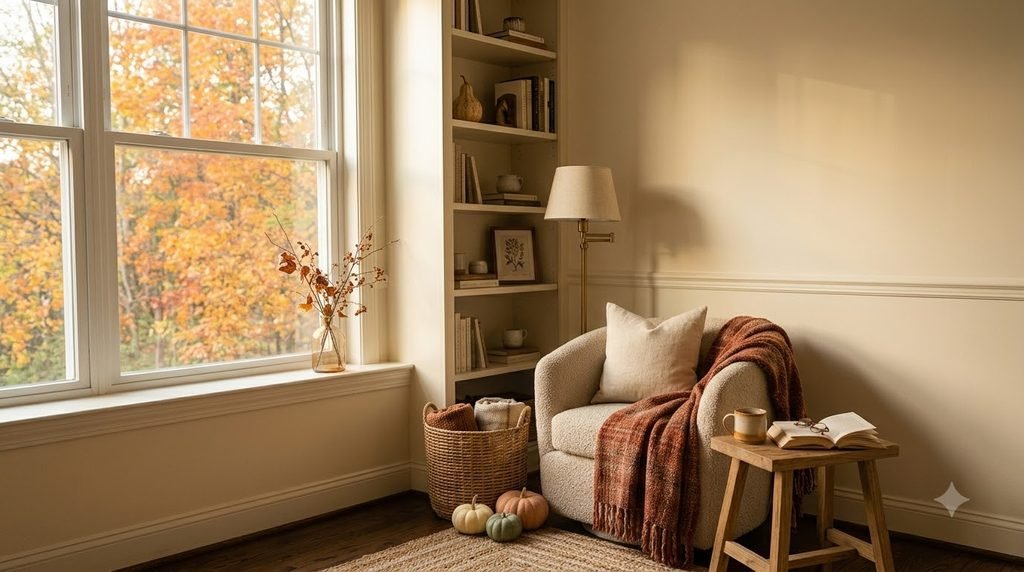 Cozy fall reading nook with a warm chair, rust-colored throw, books, soft lamp and subtle autumn decor.