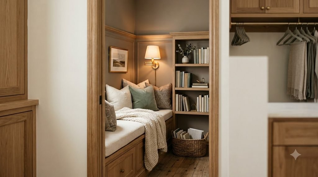 Cozy adult closet reading nook with a cushioned bench, layered pillows, wall lighting and bookshelves.