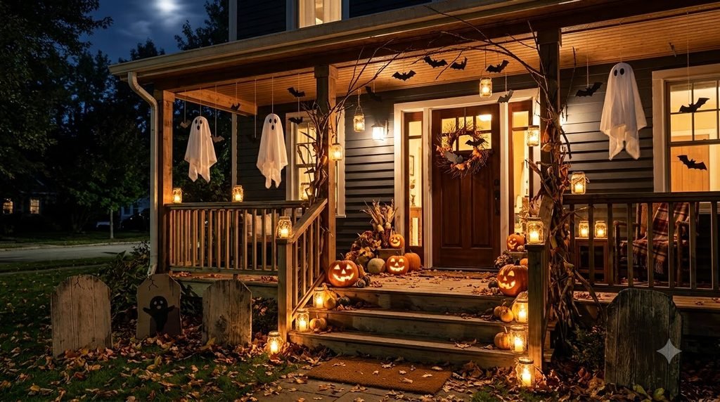 No-spend Halloween porch decorated with homemade ghosts, lanterns and tombstones at night
