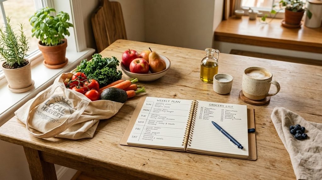 Sunday grocery planning with a weekly shopping list and fresh food