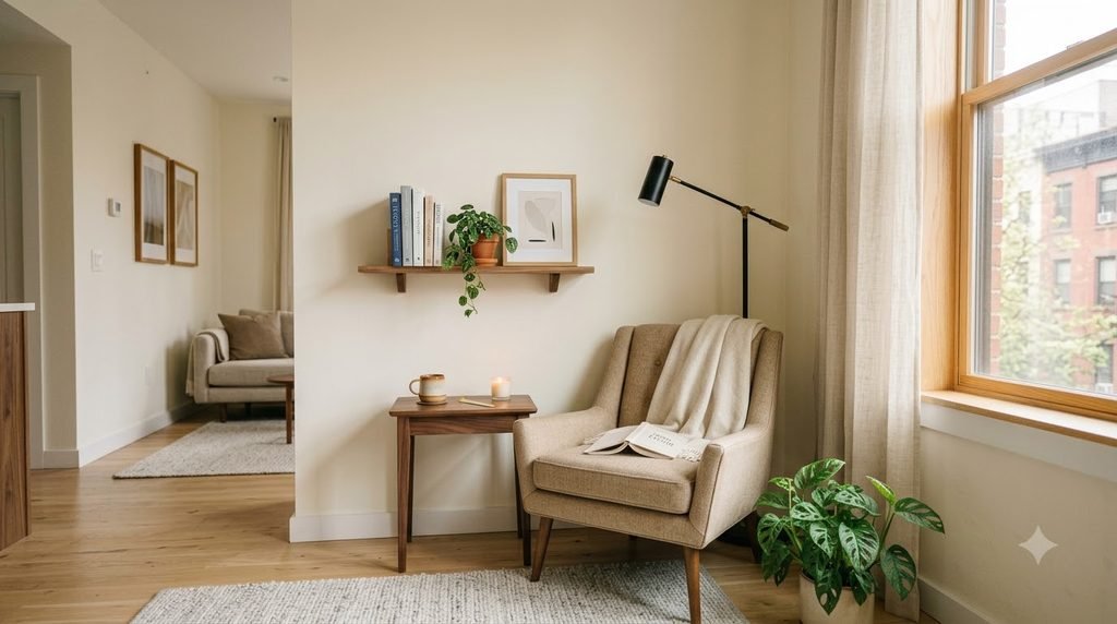 Small apartment reading nook with a slim chair, narrow side table, floor lamp and wall shelf in a compact living room.