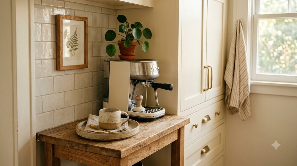 Small coffee nook with a coffee maker, favorite mug, tray, and simple decor