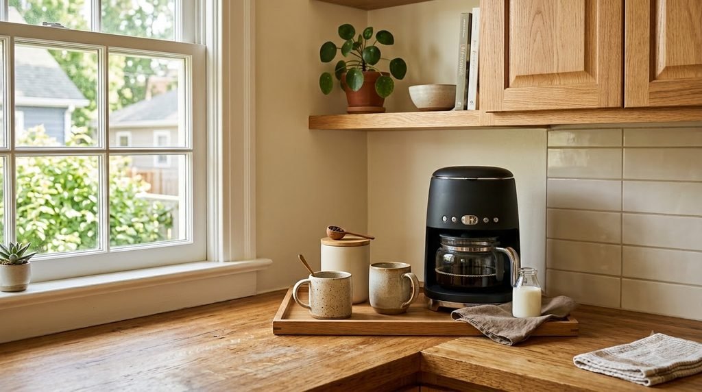 Small kitchen coffee station with a compact coffee maker, mugs, and organized coffee supplies