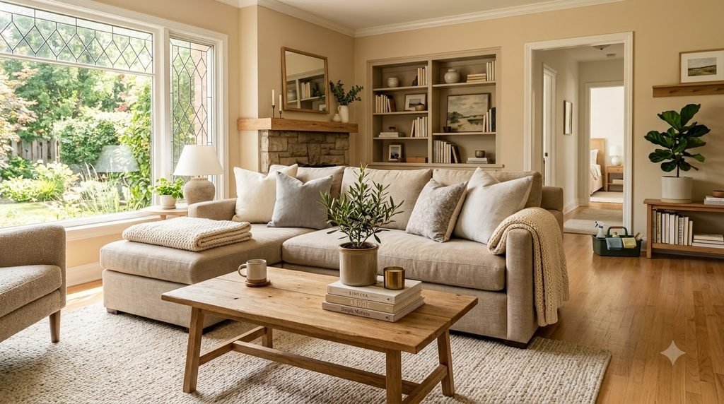 Clean and organized living room after completing a whole-house cleaning routine