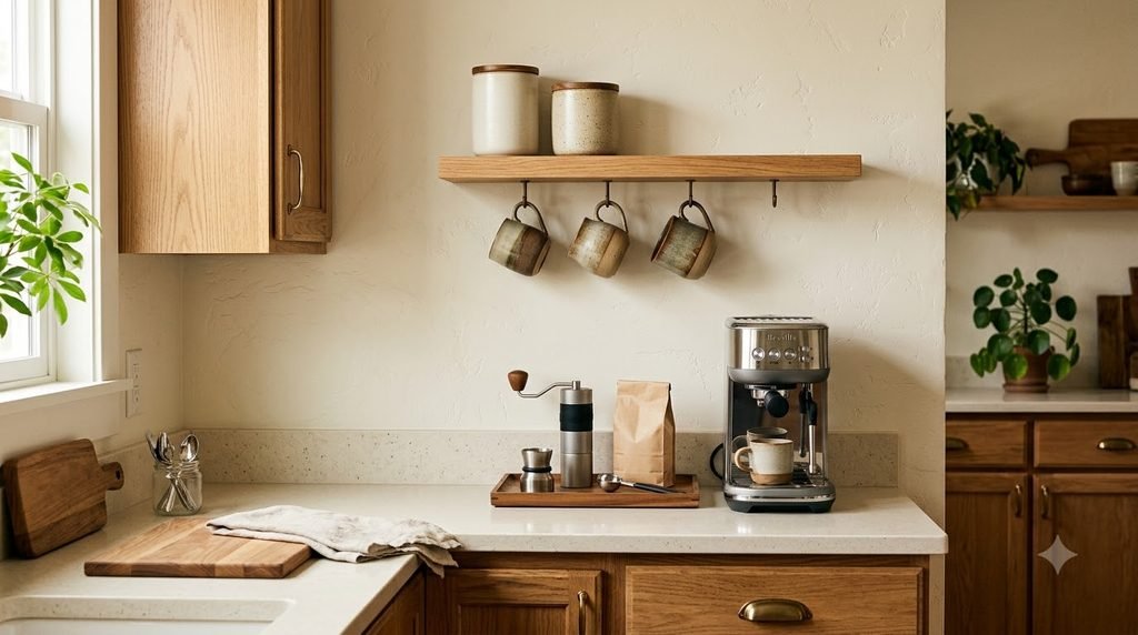 Vertical coffee storage with floating shelf and mugs above a small kitchen counter