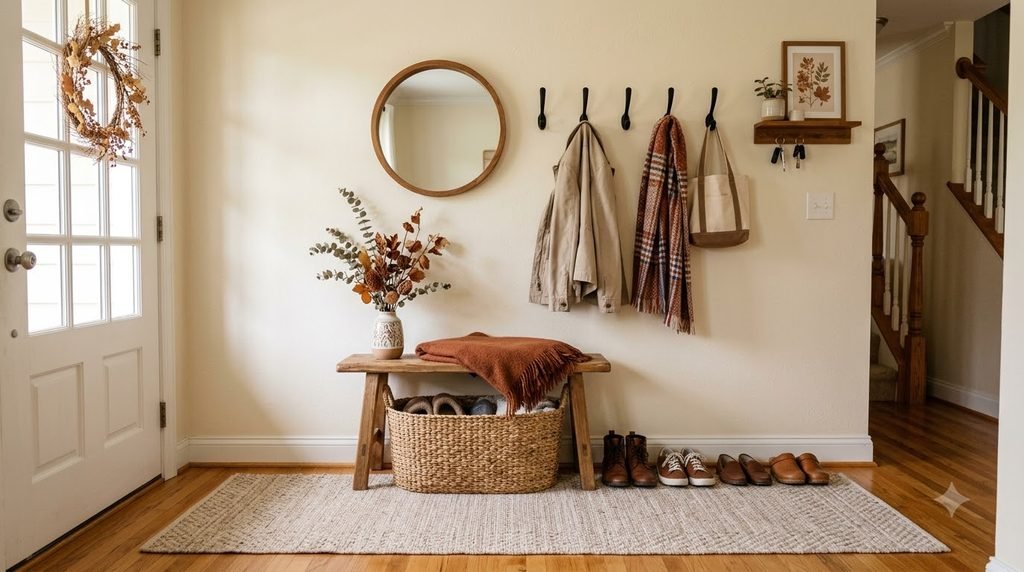 Small organized fall entryway with a bench, baskets and seasonal decor
