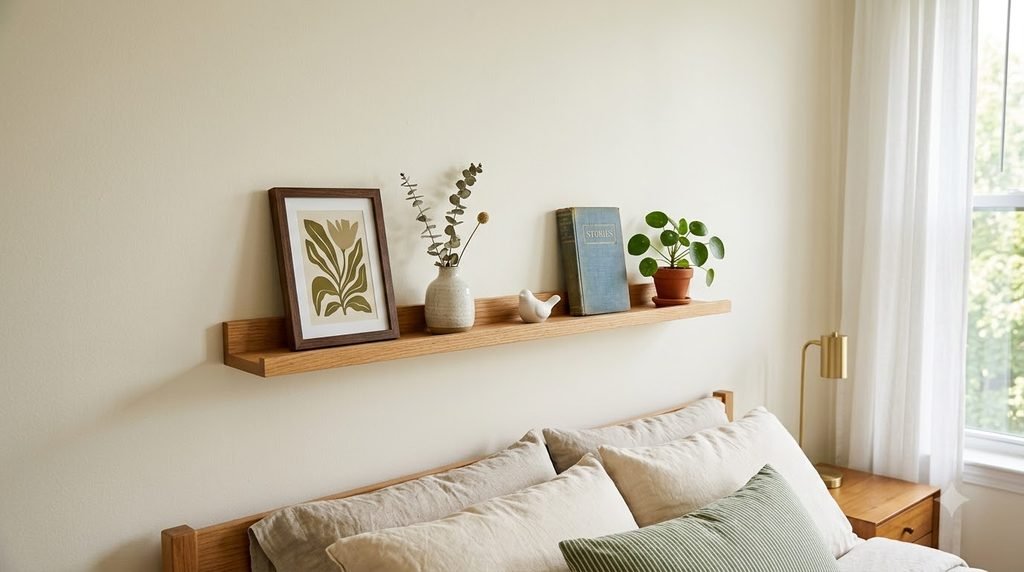 Narrow picture ledge used as a small trinket shelf in a cozy bedroom