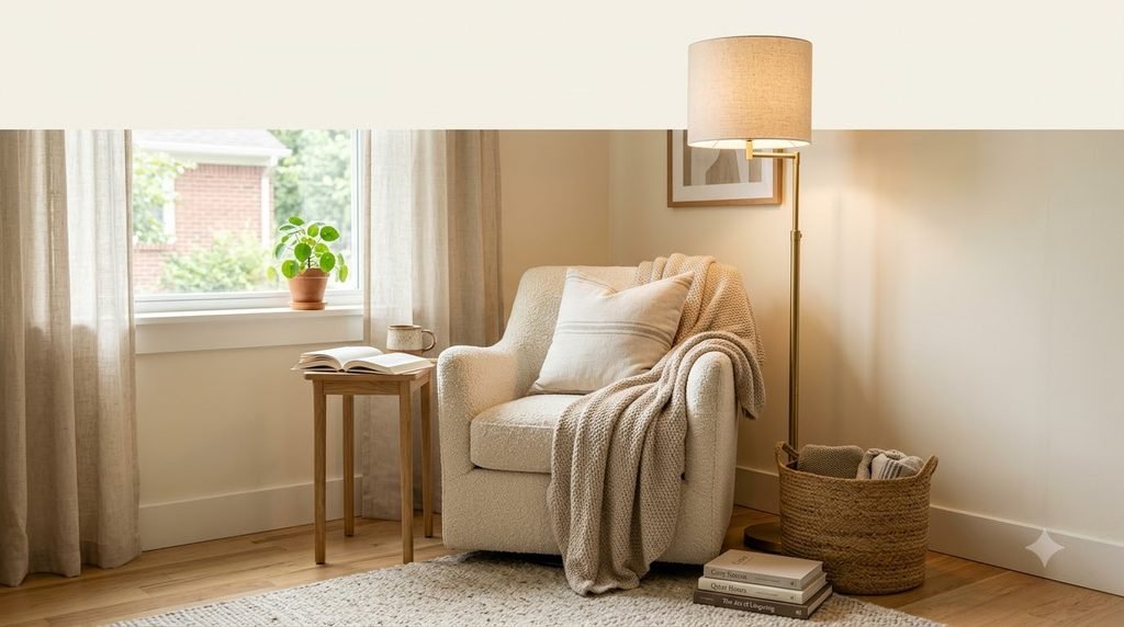Reading nook essentials including a comfortable chair, floor lamp, side table, books, throw blanket, pillow and woven basket.