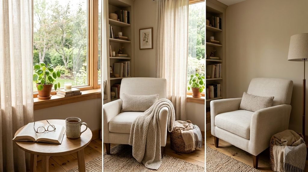 Cozy window reading nook with a cream armchair, knitted blanket, small wooden table and natural sunlight.