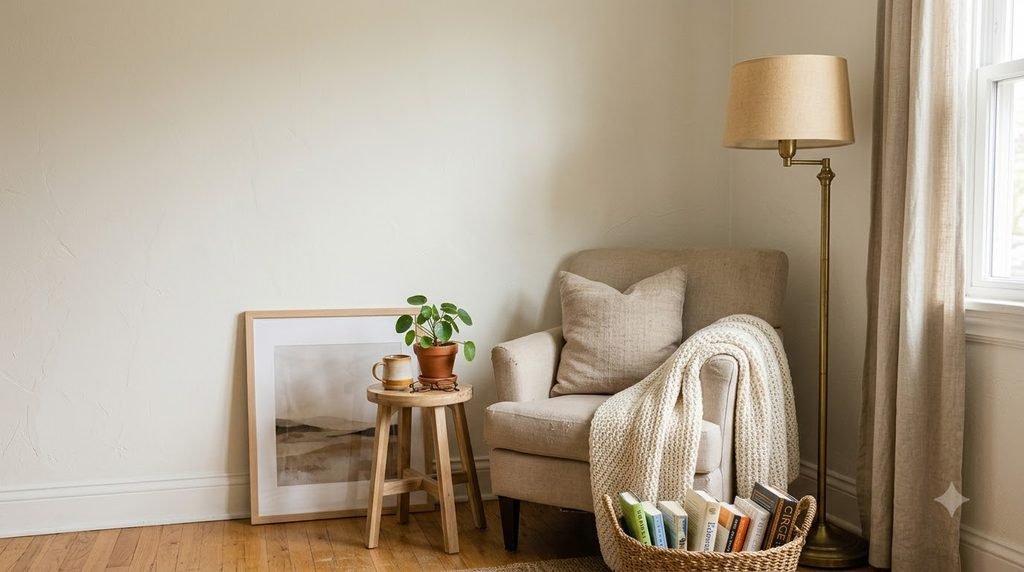 Affordable cozy reading nook made with an existing accent chair, floor lamp, basket, pillow, throw and small table.