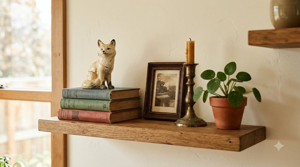 Vintage books layered with a ceramic collectible and small decorative objects on a shelf