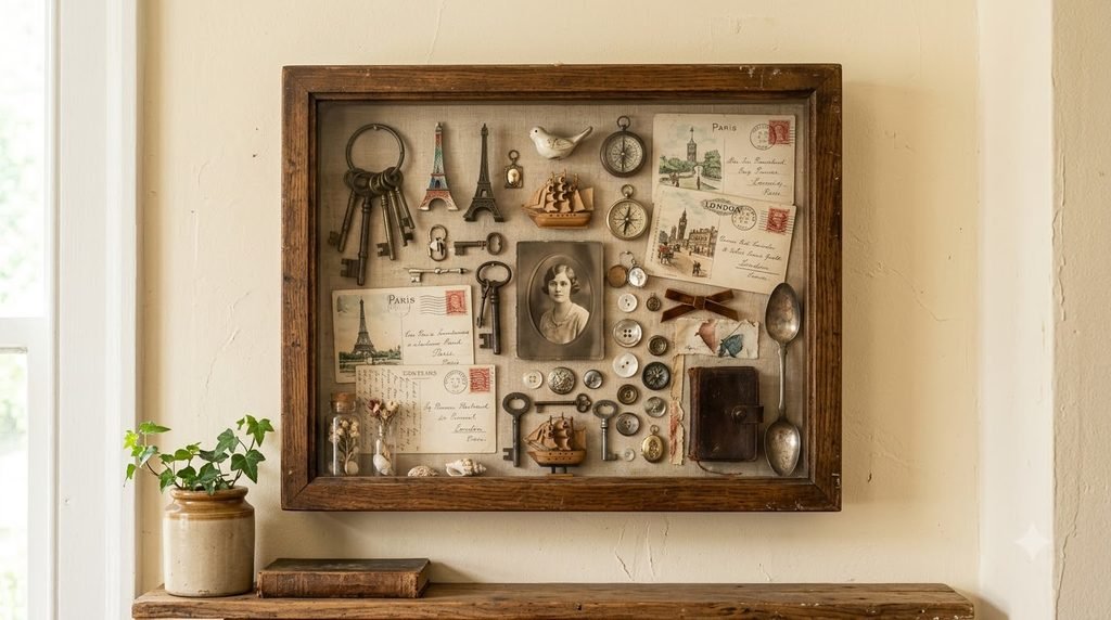 Vintage shadow box displaying small keepsakes, postcards, keys, and sentimental objects