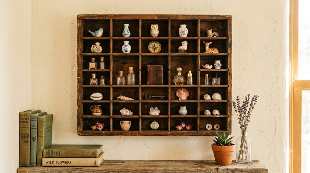 Vintage wooden spice rack repurposed as a small trinket display with collectibles