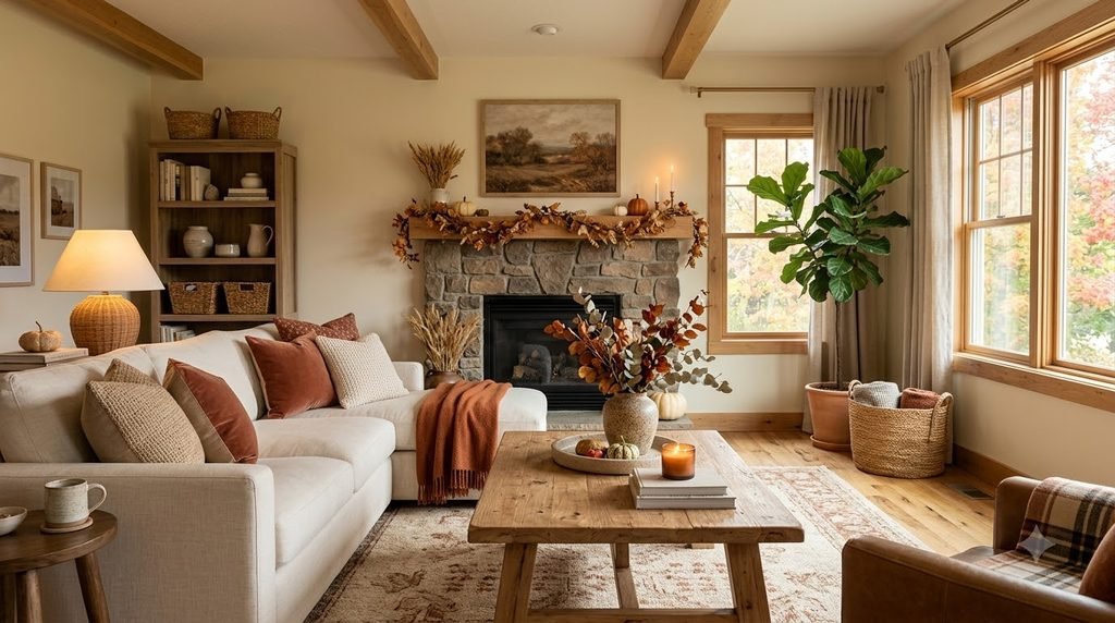 Clutter-free cozy living room styled for the fall season