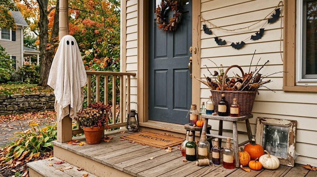 Upcycled Halloween porch decorations made from everyday household items