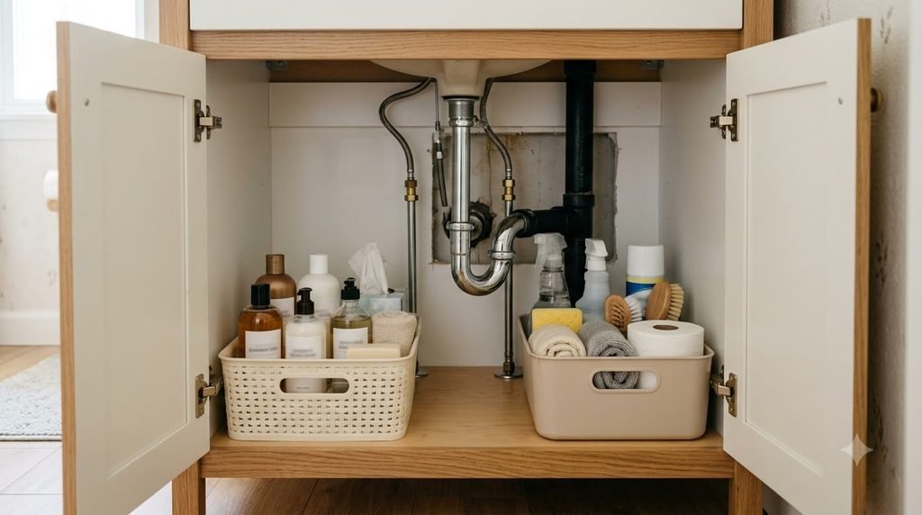 organized under-sink bathroom vanity storage around plumbing