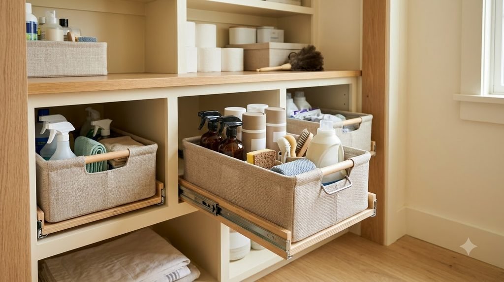 deep utility closet shelves organized with pull-out storage baskets