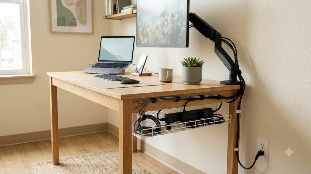 organized cable management under a small home office desk