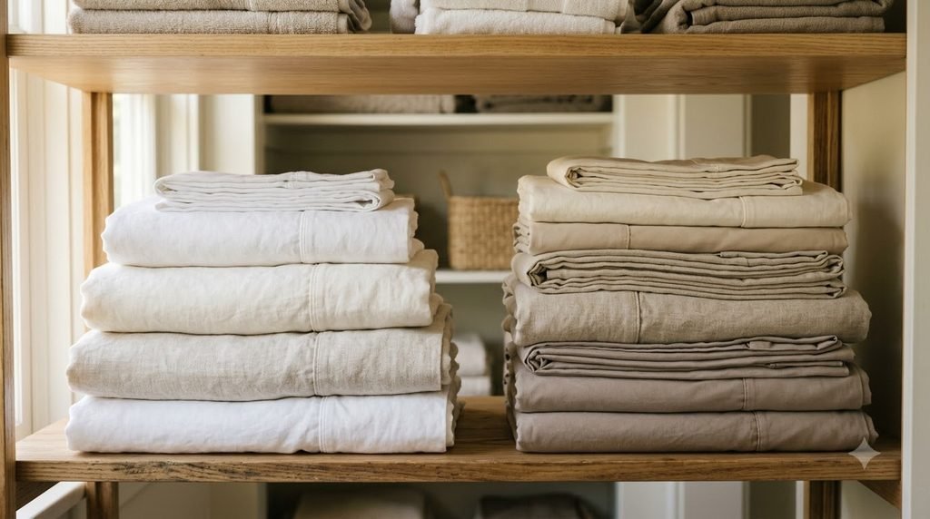 sheet sets folded and stored together in a linen closet