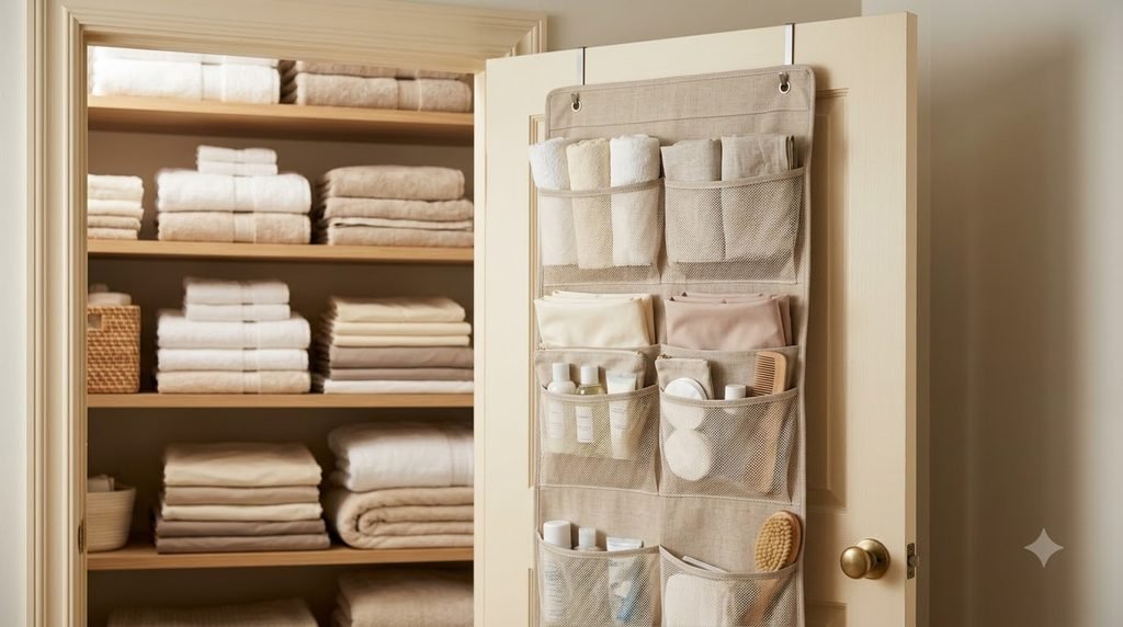 linen closet door used for additional lightweight storage