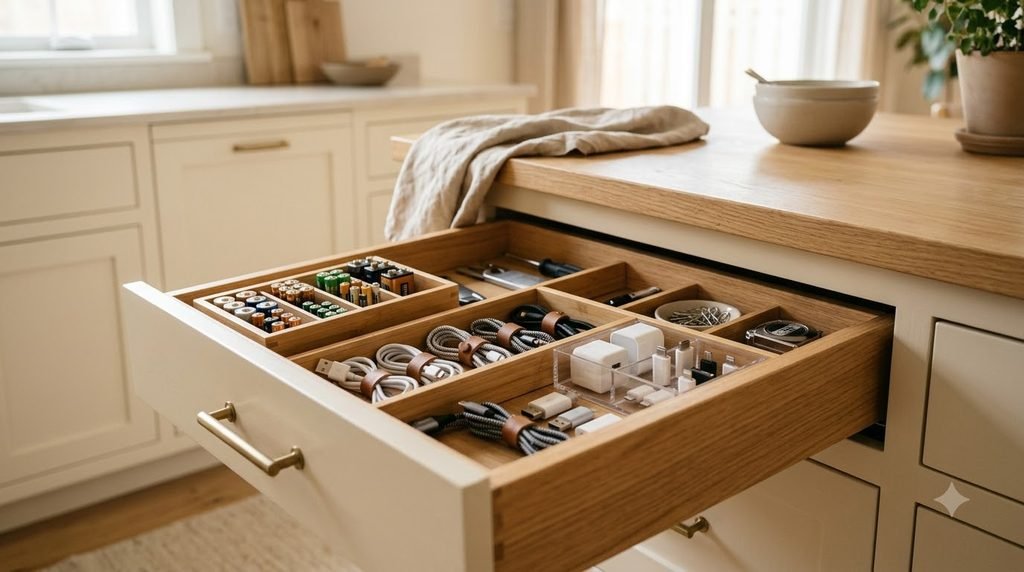 batteries and small electronic accessories organized in separate drawer sections