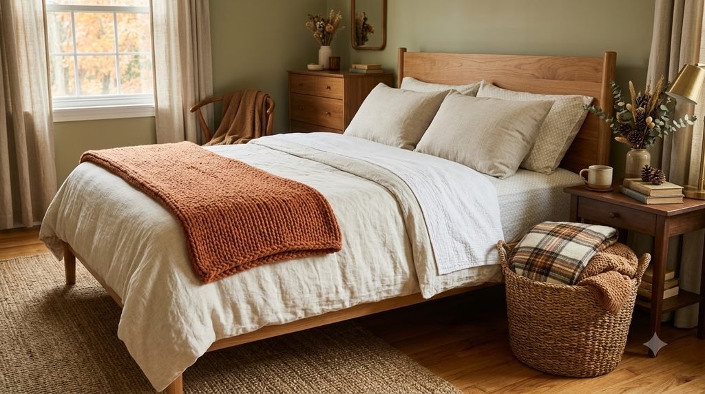 Cozy bedroom prepared for fall with layered bedding and blankets