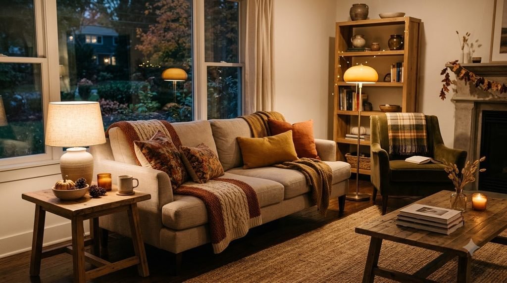 Fall living room decorated with natural wood woven basket and ceramic accents