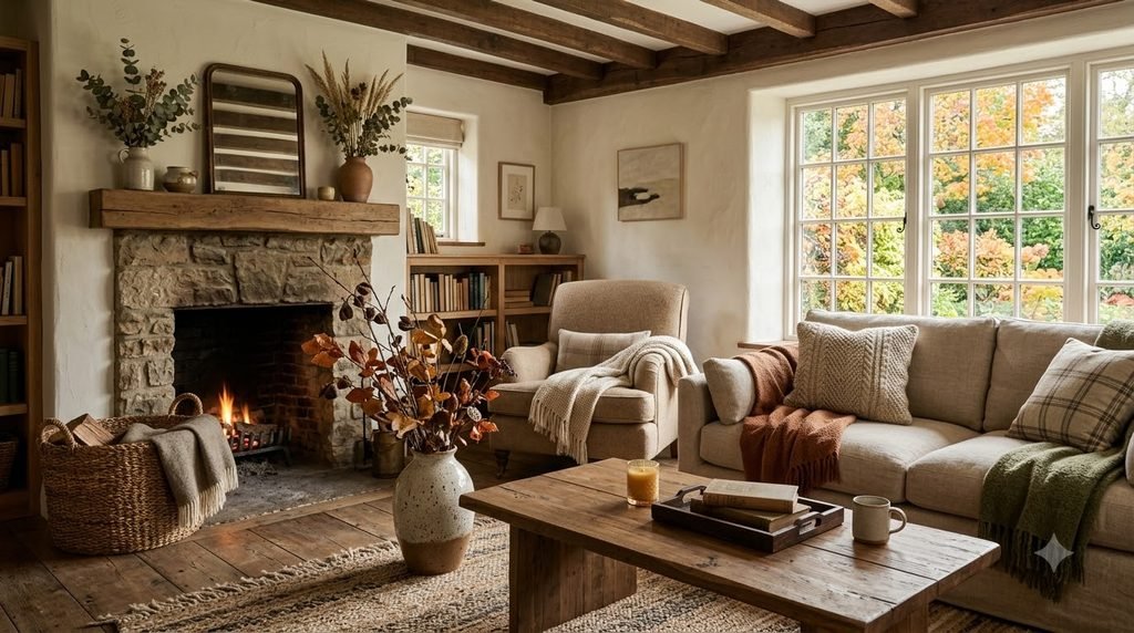 Small living room made cozy for fall without visual clutter