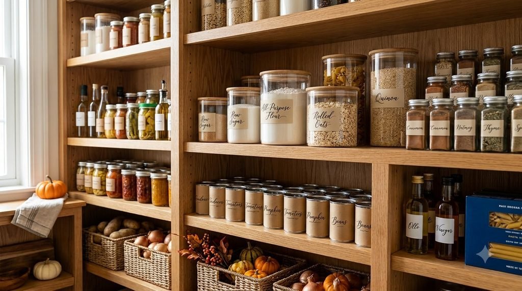 Organized pantry with baking ingredients and fall staples