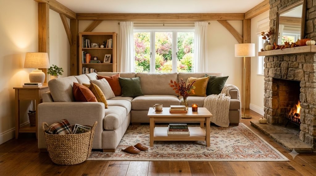Organized cozy living room prepared for fall