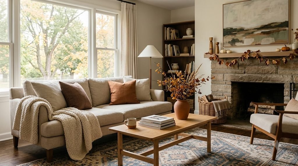 Living room transitioning from summer to fall with warm textures and natural decor