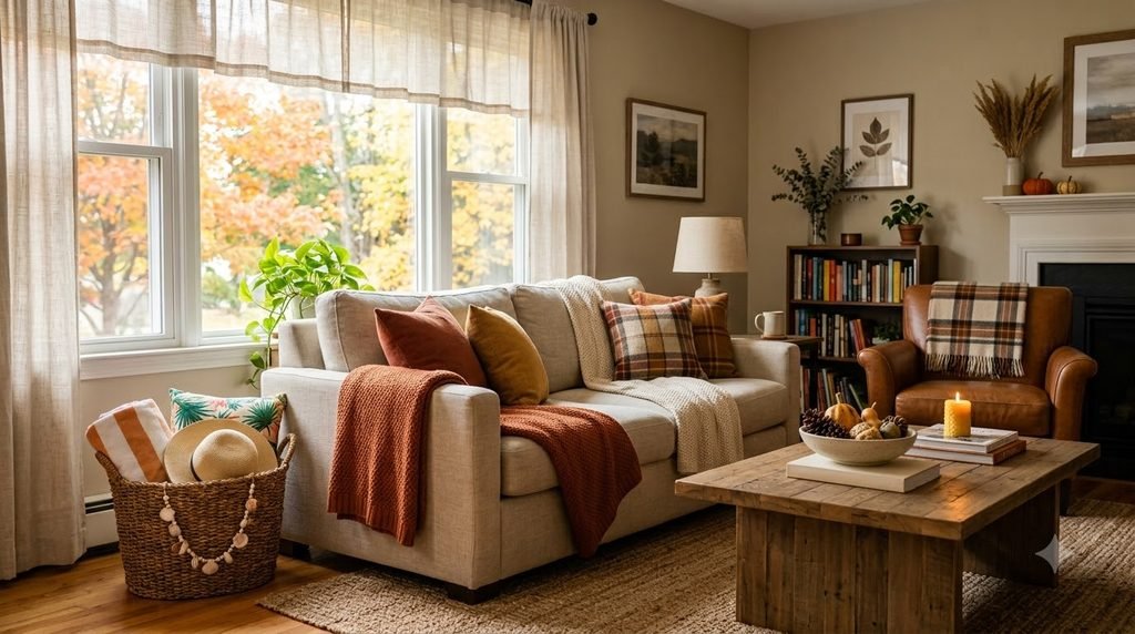 Living room with summer decor removed for a gradual fall transition