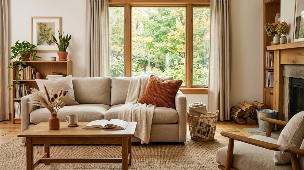 Living room using lightweight textiles and warm accents for early fall