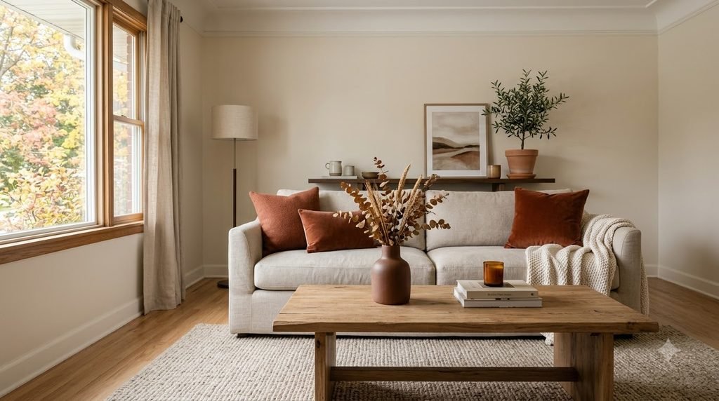 Neutral living room with rust accent color for fall