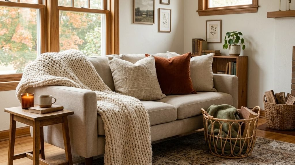 Fall living room with layered pillows and textured throw blanket