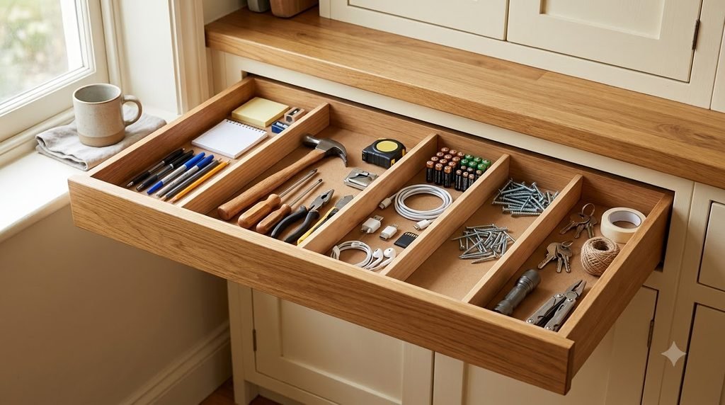 junk drawer organized into simple everyday household categories