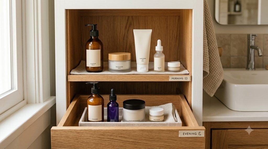 skincare and toiletries organized by daily bathroom routine