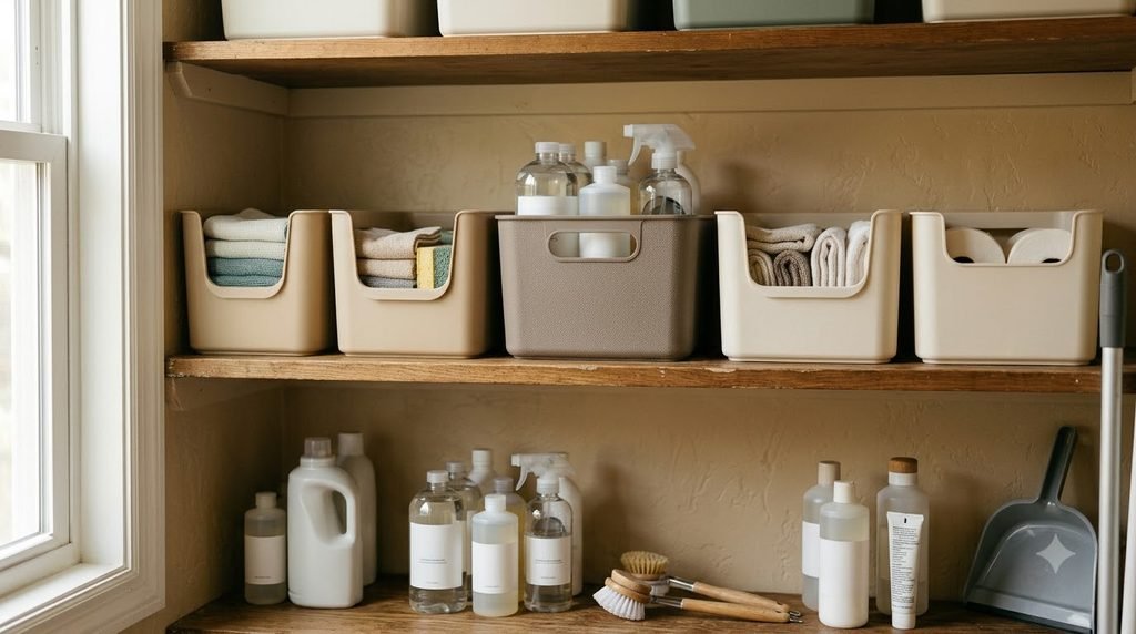 stackable storage bins organizing backup household supplies