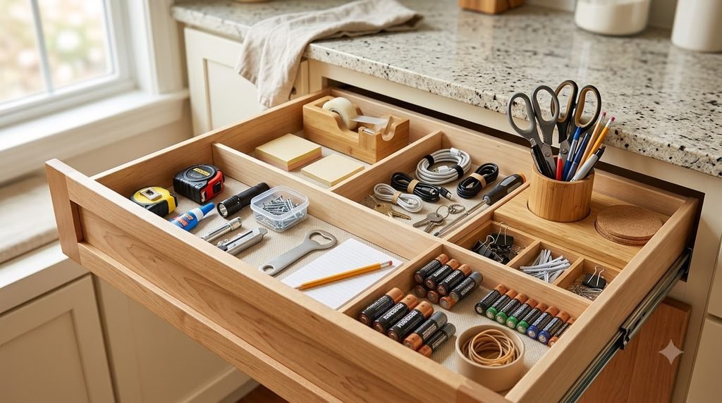 organized junk drawer with practical compartments for everyday household items
