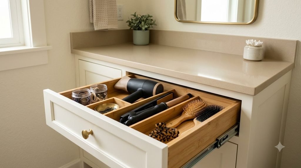 hair tools stored neatly in a small bathroom vanity