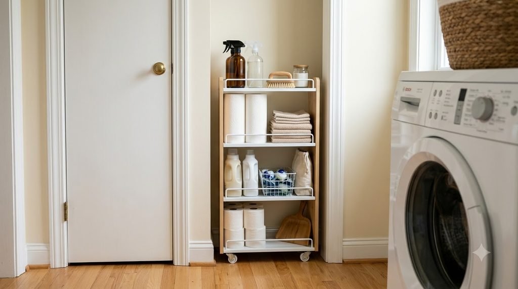 slim rolling cart using narrow space inside a utility area