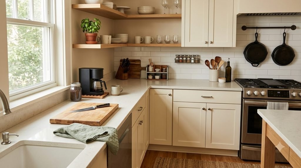 organized small kitchen counter with clear prep space and practical storage