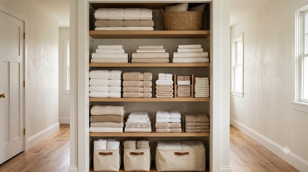 organized linen closet with neatly folded towels and sheet sets