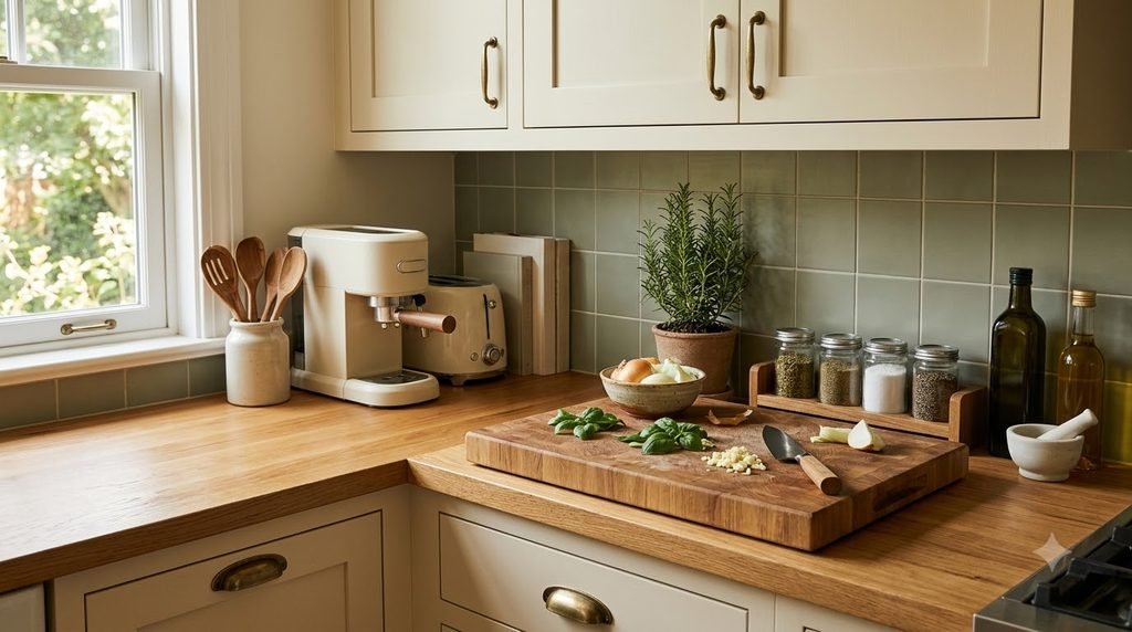 small kitchen counter cleared and sorted before organizing