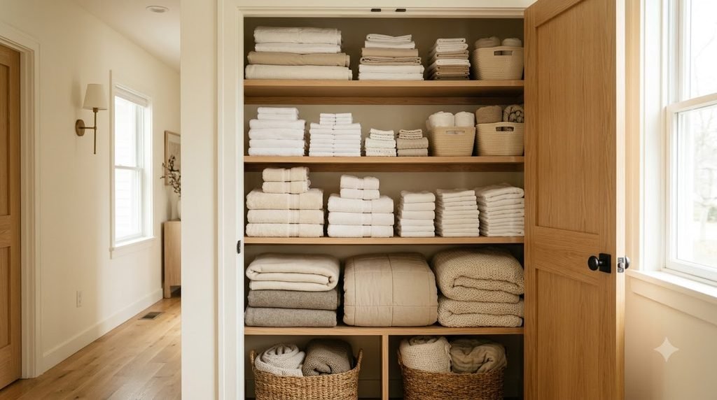 everyday towels stored neatly at eye level in a linen closet