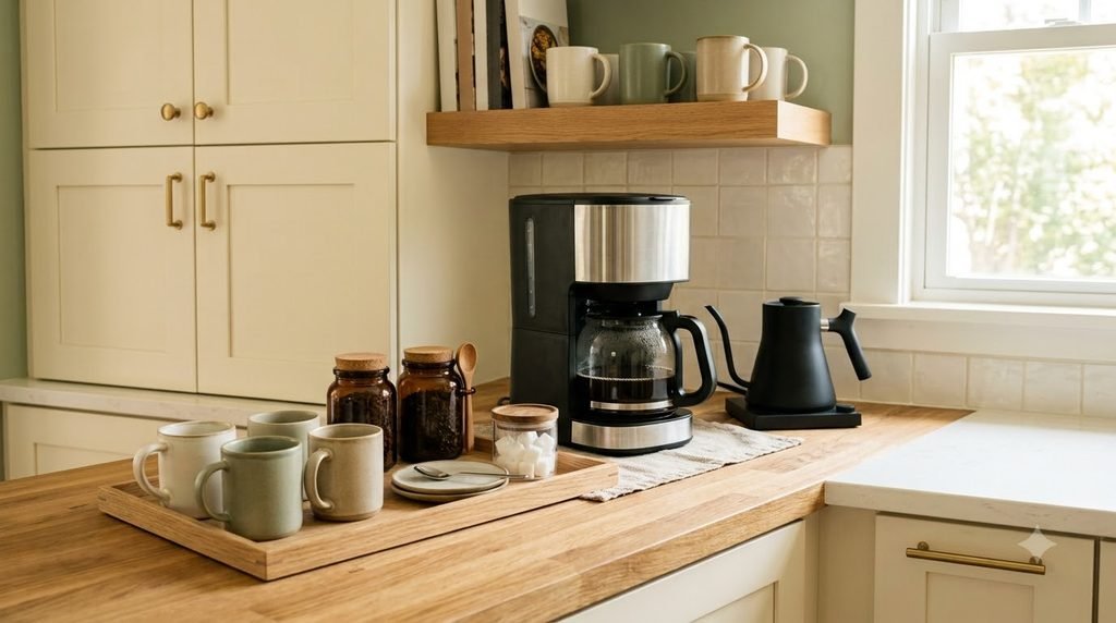 organized cooking essentials grouped near the stove on a small kitchen counter