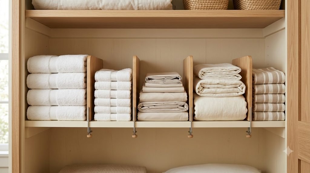 shelf dividers keeping folded towels and linens neatly stacked