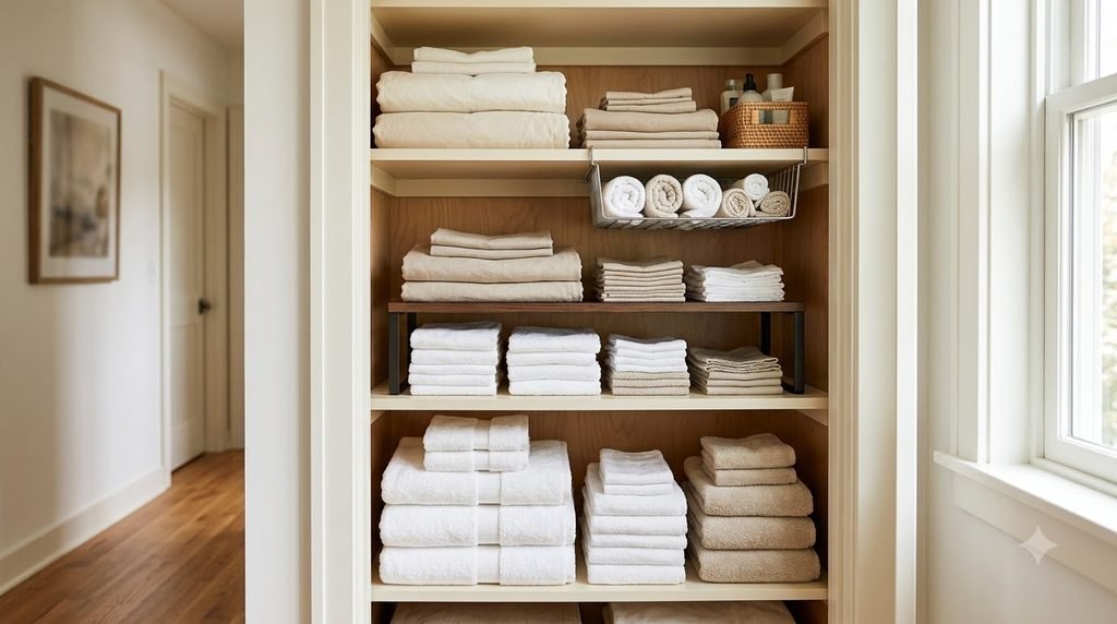 vertical storage maximizing space between linen closet shelves
