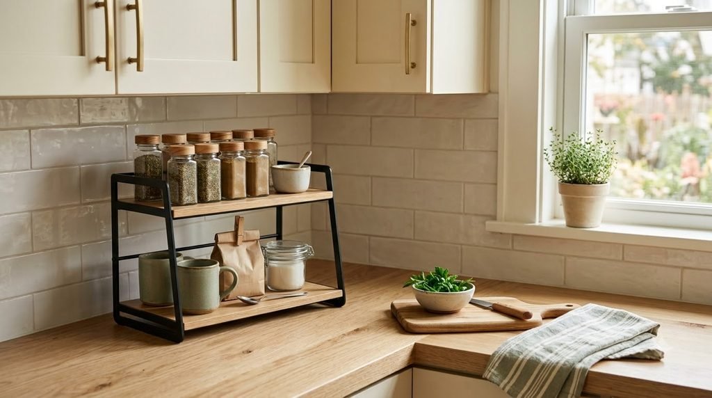 vertical wall storage freeing space on a small kitchen counter